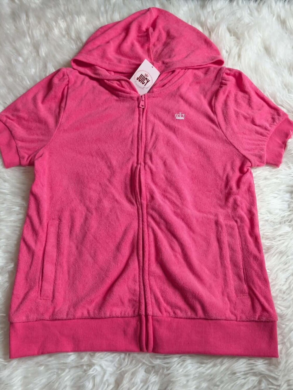Juicy Couture Girls Hot Pink Short-Sleeve Hooded Zip Top